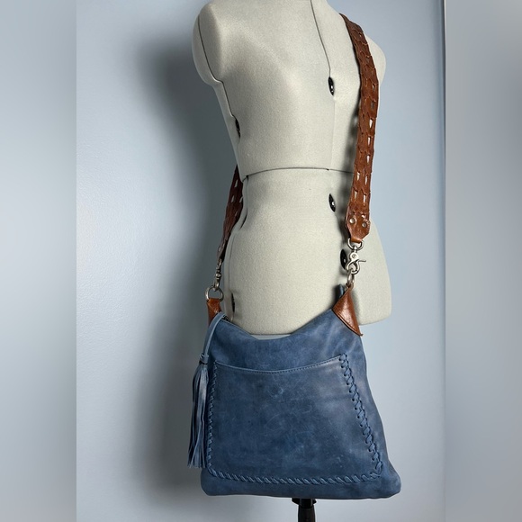 Laggo Blue Leather Crossbody Bag Whipstitch Pocket Boho Hobo Shoulder - Picture 16 of 16
